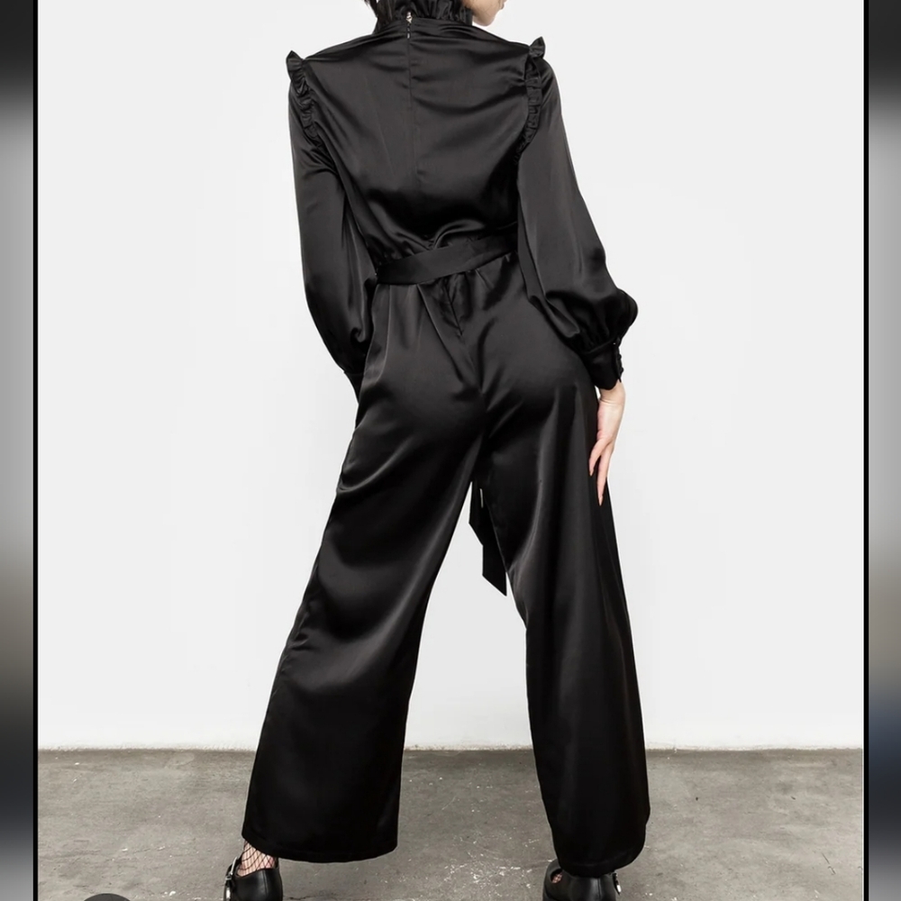 Disturbia Pintuck Rufflw Black Long Sleeve Ruffle- Jumpsuit Size 12 Belt Missing - Picture 3 of 13